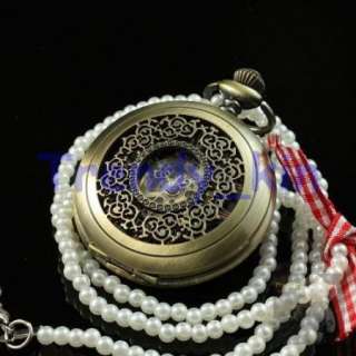 Brass Steampunk Mechanical Pocket Watch Pearl Necklace  