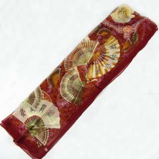 New Dark Red Oblong Silk Scarf Art painting with Fans  
