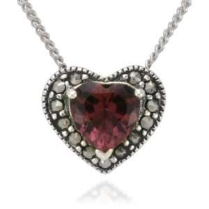 Sterling Silver Marcasite and Amethyst Colored Glass Heart Pendant, 18 