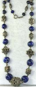   835 SILVER ETRUSCAN HAND CARVED LAPIS BALL BEADS NECKLACE  