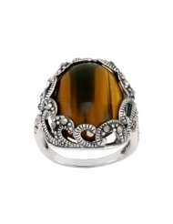 Sterling Silver Marcasite Scalloped Oval Tigers Eye Ring, Size 5