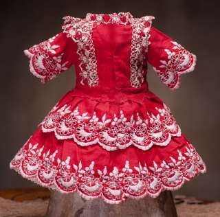 Antique French Red Cotton Dress for Tiny Bebe Jumeau Bru Steiner Doll 