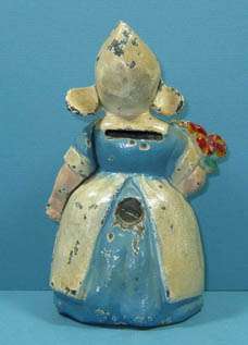 30s DUTCH GIRL W/ FLOWERS CAST IRON TOY BANK GUARANTEED OLD 
