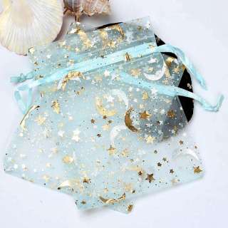 100p Baby Blue Organza Golden *Star Moon* Wedding Bags  