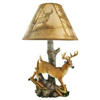 10 Point Buck Table Lamp W/ Forest Print Shade Deer