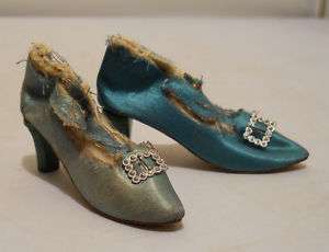 Antq. Blue Turquoise Silk Boudoir Doll High Heel Shoes  