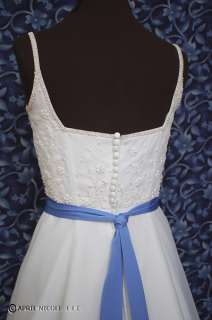White Beaded Organza w/ Blue Sash Wedding Dress 4  