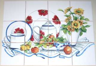 Tea Cup Ceramic Tile Mural Sunflower Tea Pot Poppy Lemon Grapes 12pc 4 