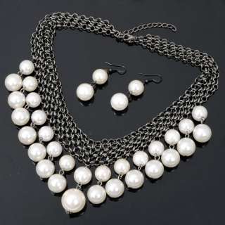 GRAY CHAIN WHITE PEARL EARRINGS NECKLACE PENDANT SETS FASHION JEWELRY 