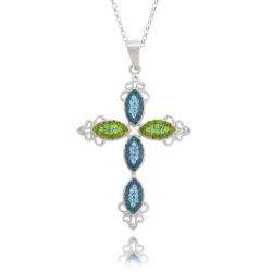 Sterling Silver Blue and Green Crystal Cross Necklace  