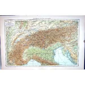 Antique Map C1893 Mountains Alps Gulf Genoa Milan Geneva Bernese 