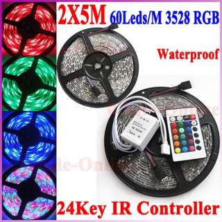 10M 60Leds/M 3528 RGB Waterproof Flexible Strip Light+24Key IR Remote 