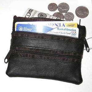 Leather MONEY COIN holder Zippers Wallet Purse BLACK  