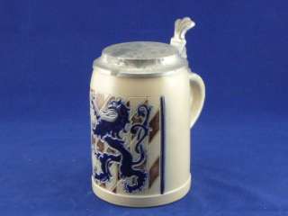 d718 Lion on German Stone ware STEIN with Pewter Cover  