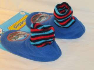   THE TRAIN Red & Blue Fleece Sock Slippers Sz S( 5 6), M(7 8), L(9 10