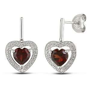 Sterling Silver 1 1/2 CT TGW Garnet 0.01 CT TDW Diamond Heart Earrings 