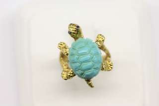 18K Yellow Gold Handmade Turtle Ring with Carved Turquoise Shell Circa 