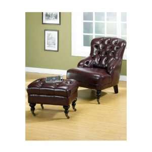   Tufted Leather Club Chair And Ottoman Set With Casters