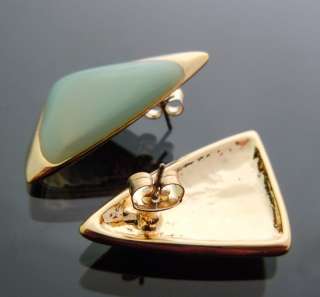 Super Glam Vintage Jade Green Enamel Coated Triangle Earrings Gold GP 