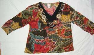 Womens Tantrums Multicolor Top 60s Pattern w/Embroidery Size EXTRA 