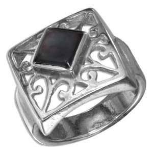   : Sterling Silver Filigree Square Gray Shell Ring (size 10).: Jewelry