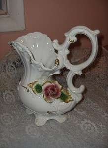 Vintage Antique Capodimonte Porcelain China Red Rose Pitcher Vase 