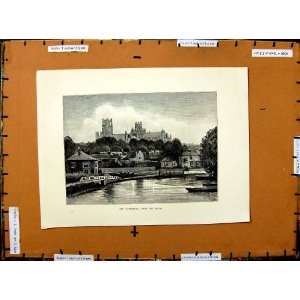   C1800 Ely Cathedral Canal Boats Architecture England