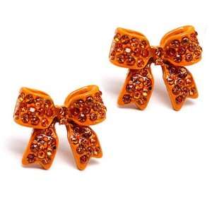  Fashion Crystal Pave Bow Ribbon Stud Earrings Orange 