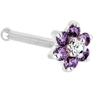  14KT White Gold Amethyst and Clear Cubic Zirconia Flower Nose Bone 