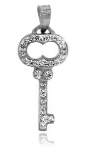 925 Sterling Silver Clear CZ Small Key Pendant Necklace  