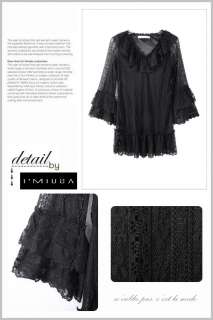 Women Layer Lace Bell Sleeve Frill Long Top Mini Dresses  