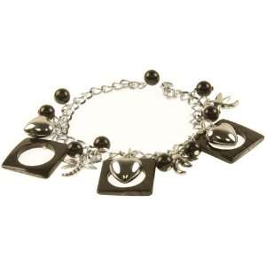  Dragonfly and Heart Black Shell Bracelet with Charms 