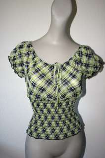 Green Plaid 1950s style Peasant Blouse Rockabilly Pinup  