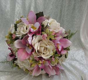 SILK BRIDAL WEDDING BOUQUET ROSES AND ORCHIDS 2 PIECES  