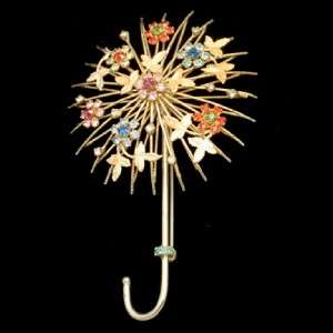 Warner Parasol Umbrella Pin Brooch Vintage Large Enamel Flowers  