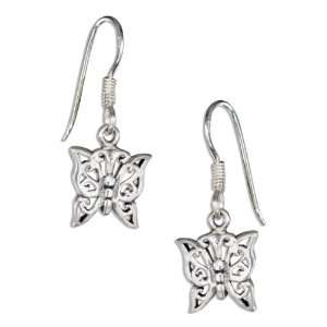   Silver Dainty Filigree Butterfly Earrings on French Wires.: Jewelry