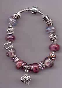 European Style Charm Bracelet, LAVENDER murano Beads RED HOT LOVE BEAD 