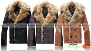 Men Fashion Slim Double Breasted Faux Fur Collar Coat Jacket Outwear 
