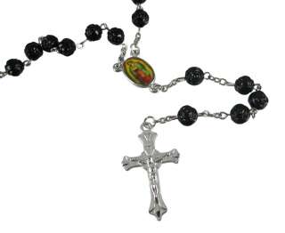 Rosary Necklace W/ Black Oval Beads Crucifix  