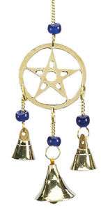 PENTACLE WINDCHIME Brass w/ Glass Beads wicca pagan  
