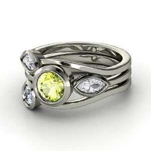 Vine Ring Set, Round Peridot 14K White Gold Ring with White Sapphire 