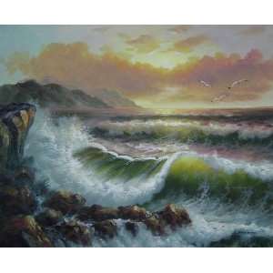  Flying Seagulls Over Sea Waves On Sunset Oil Painting 20 x 