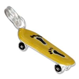   Silver Enamel 3d Yellow Skateboard Charm with Footprints: Jewelry