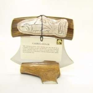   Caribou Antler Carved Handle Totem Design Ulu Knife 