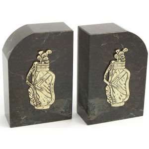  Green Marble Gold Plated Golf Bookends, tarnish proof 