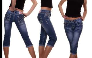 Capri Damen Jeans Shorts Hose 5 Farben stylische dicke Naht Neu ►36 