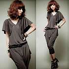 Women Fashion V Neck Elastic Cropped Trousers Casual Pleated Harem 