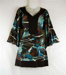   Plus Size 1X 3X Flattering Espresso Teal Abstract Bell Sleeve Tunic