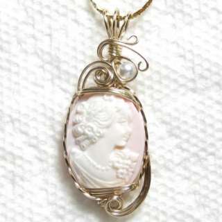 Italian Hand Carved Pink Shell Cameo Pendant 14K Rolled Gold Jewelry 