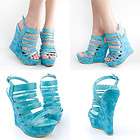 TURQUOISE BLUE OPEN TOE STRAPPY HIGH HEEL PLATFORM SLINGBACK WEDGE 